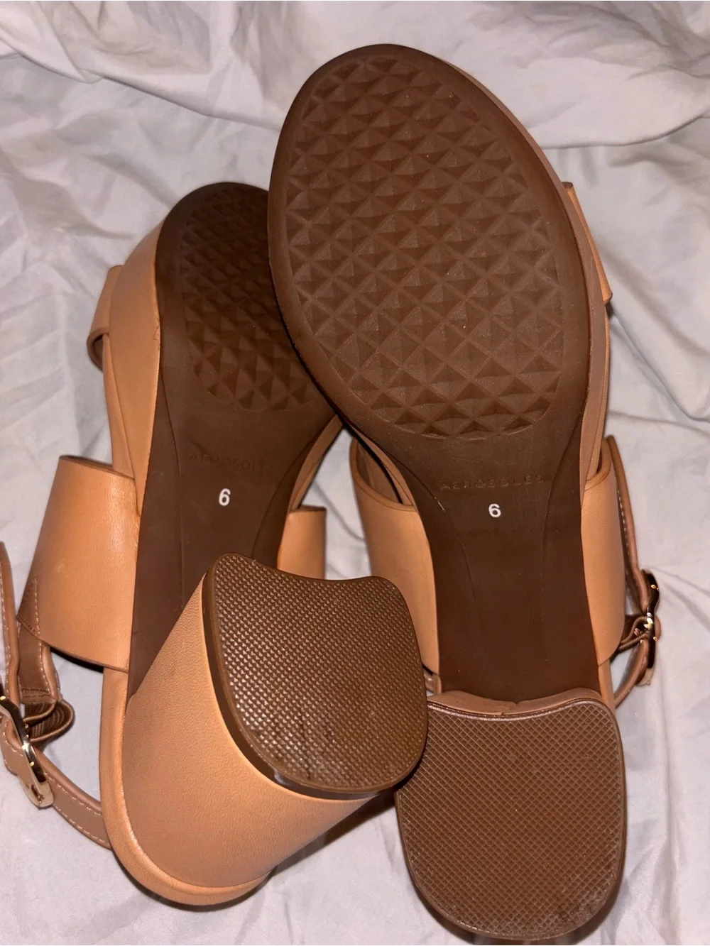 AERO Tan Leather Double-Strap Women’s Sandals with Ankle Buckle